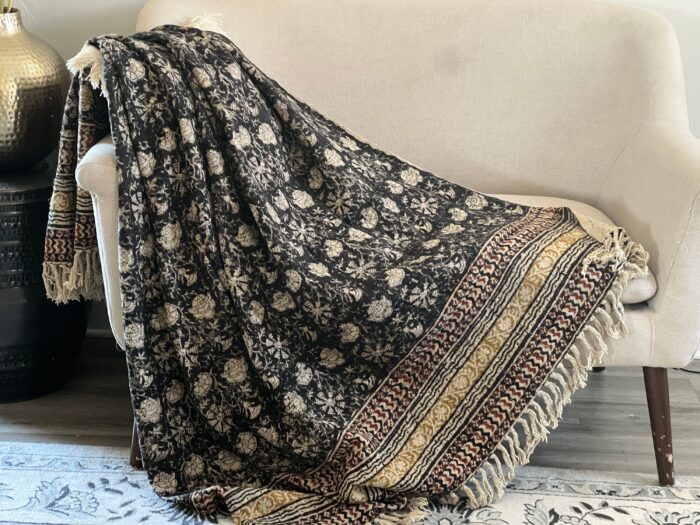 Handmade Boho Black Floral Throw Blanket For Couch