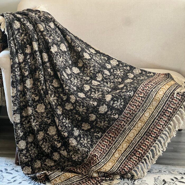 Handmade Boho Black Floral Throw Blanket For Couch