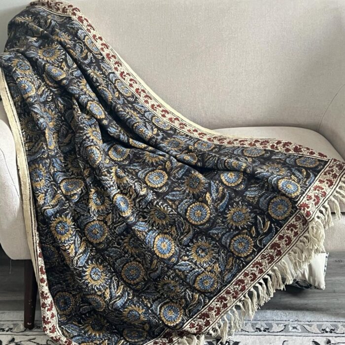 Blue Floral Throw Blanket With Tassels