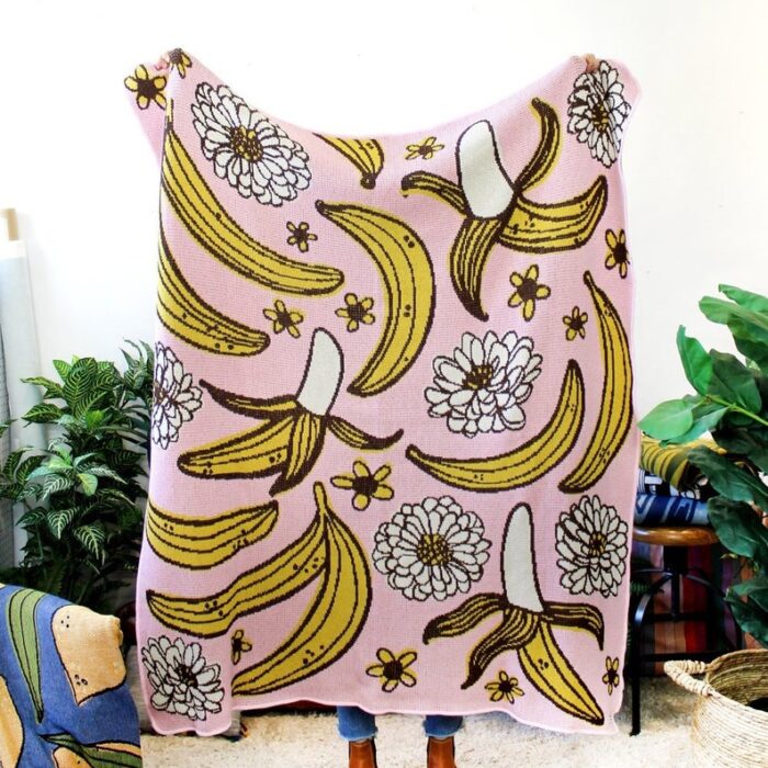 Banana Jam Knit Blanket - Pink Yellow Bananas - Fruit Print - Housewarming - Fruit Decor