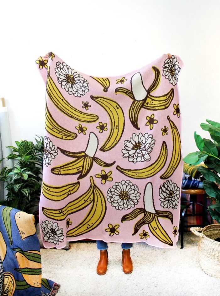 Banana Jam Knit Blanket - Pink Yellow Bananas - Fruit Print - Housewarming - Fruit Decor