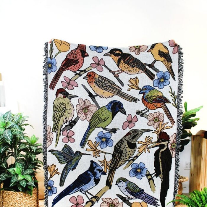 Bird Watcher Tapestry Blanket - Cotton Throws - Housewarming Gift - Bohemian Colorful Home Decor - Tropical Birds