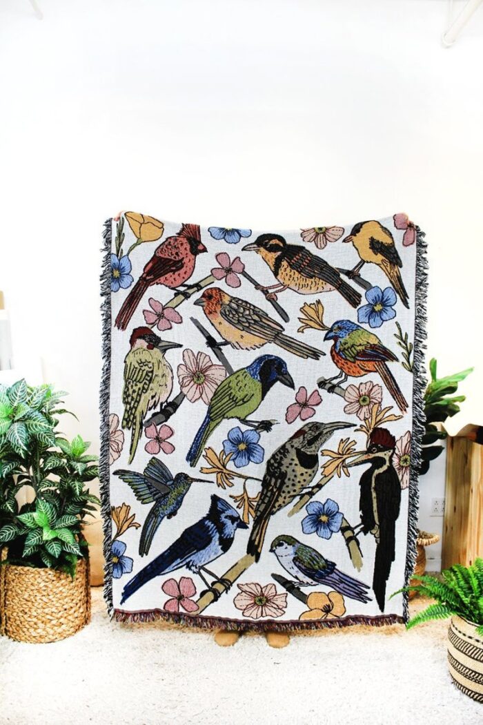 Bird Watcher Tapestry Blanket - Cotton Throws - Housewarming Gift - Bohemian Colorful Home Decor - Tropical Birds