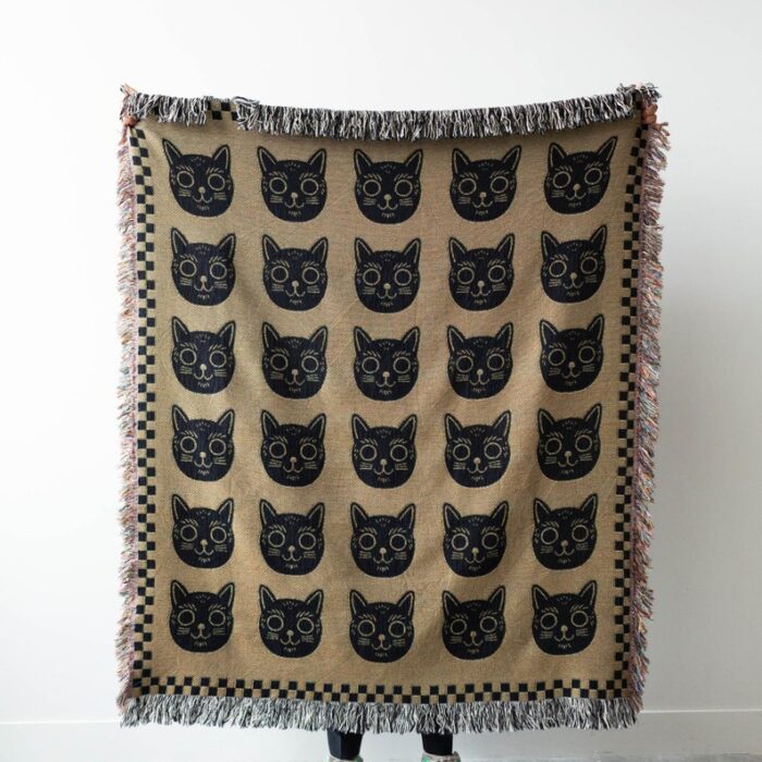 Black Cats Blanket: Checkered Green Throw for Animal Lover