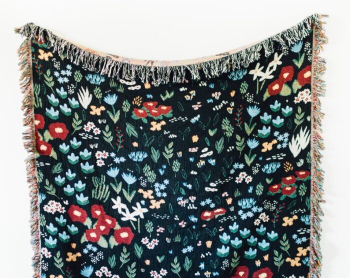 Black Floral Blanket: Flower Woven Cotton Throw