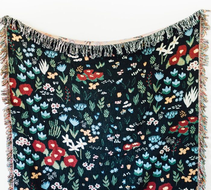 Black Floral Blanket: Flower Woven Cotton Throw