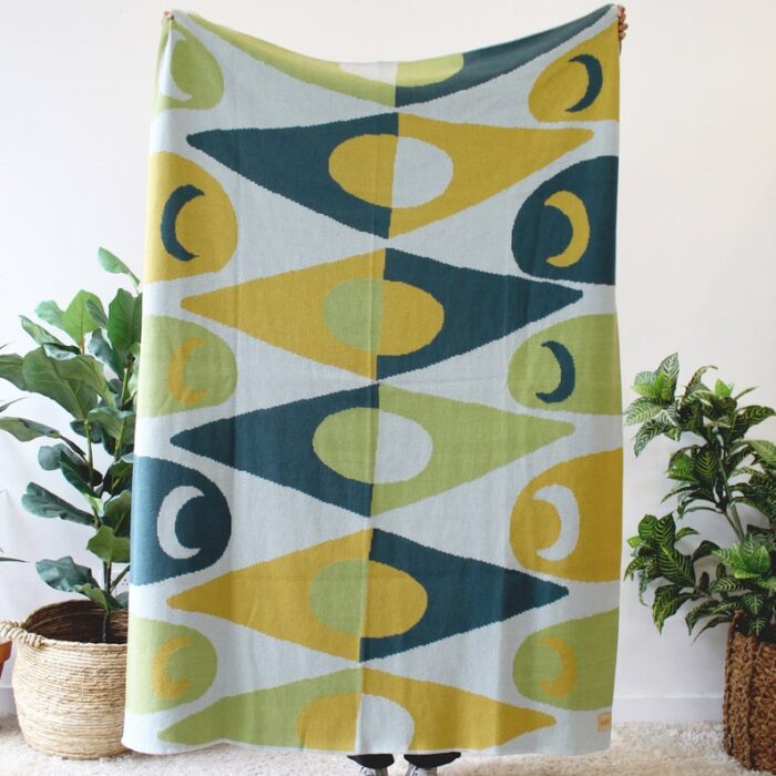 Blue and Green Diamond in The Rough - Shapes Diamonds and Crescent Moon Pattern Blanket - Colorful Throw Blanket - Teal Egyptian Cotton