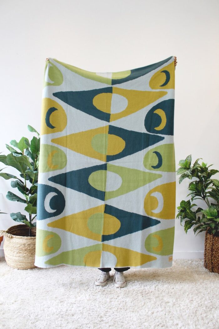 Blue and Green Diamond in The Rough - Shapes Diamonds and Crescent Moon Pattern Blanket - Colorful Throw Blanket - Teal Egyptian Cotton