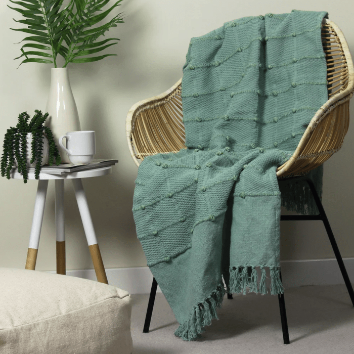 Boho Tufted Blue Green Throw Blanket