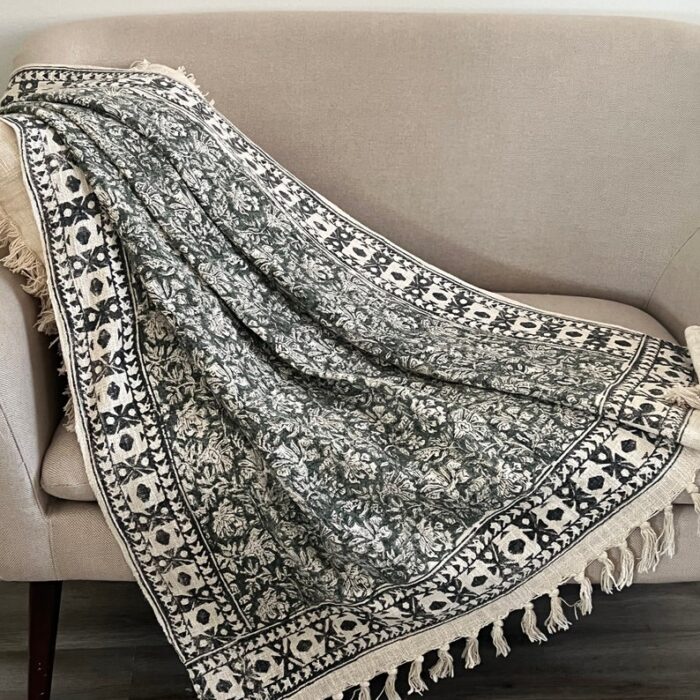 Boho sage green throw blanket couch