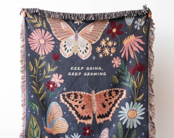 Butterfly Blanket: Navy Blue Floral Woven Throw