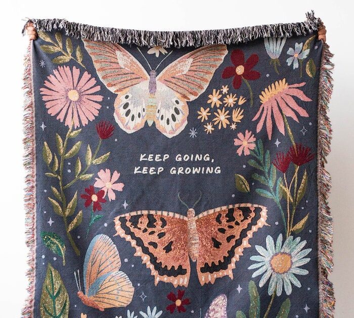 Butterfly Blanket: Navy Blue Floral Woven Throw