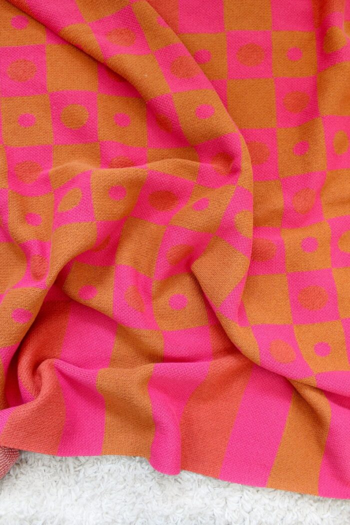 Checkmate Knit Blanket - Checkerboard Knit Blanket - Pink - Orange - Checkered Throw Blanket Decor - Picnic Blanket - Checkered Knit Throw