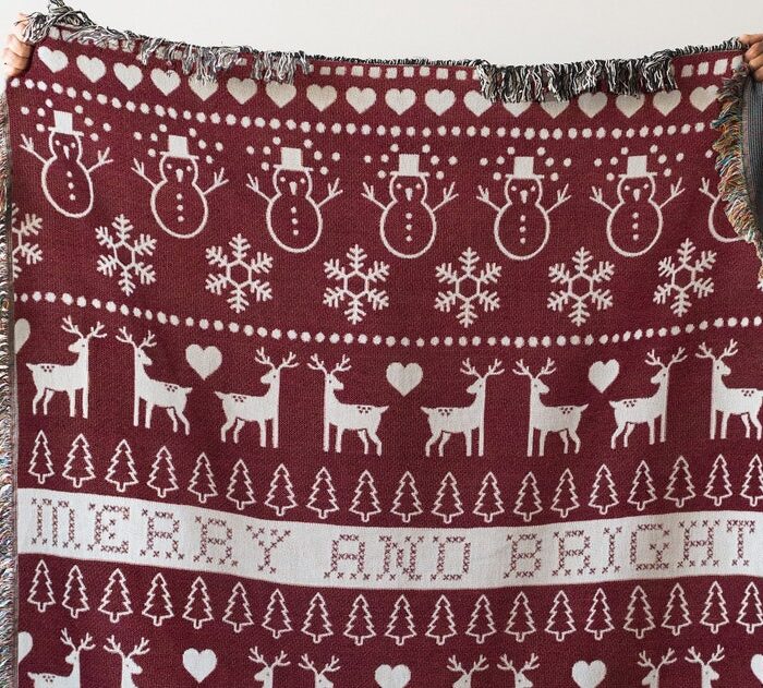 Christmas Scandinavian Throw Blanket: Red Woven Cotton Throw For Winter Decor