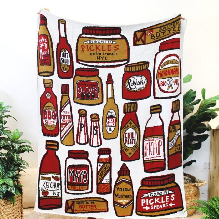 Condiments Knit Blanket - Foodie Housewarming Gift - Pickles Throw Blanket - Hot Sauce Throw Blanket - Ketchup Home Decor - Honey Mustard