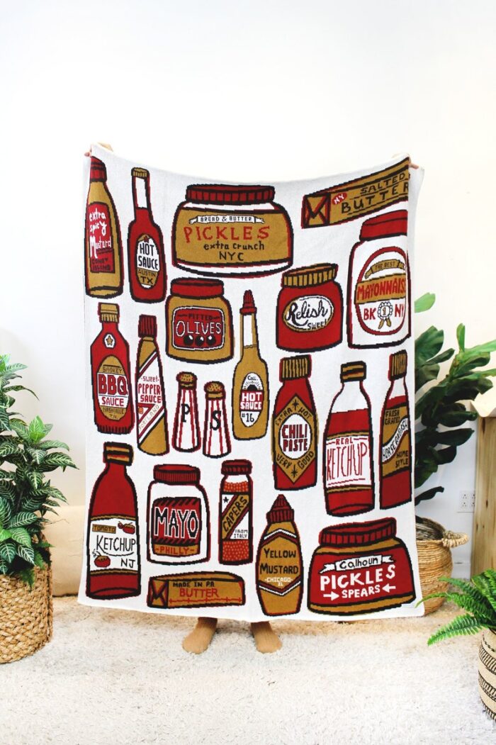 Condiments Knit Blanket - Foodie Housewarming Gift - Pickles Throw Blanket - Hot Sauce Throw Blanket - Ketchup Home Decor - Honey Mustard