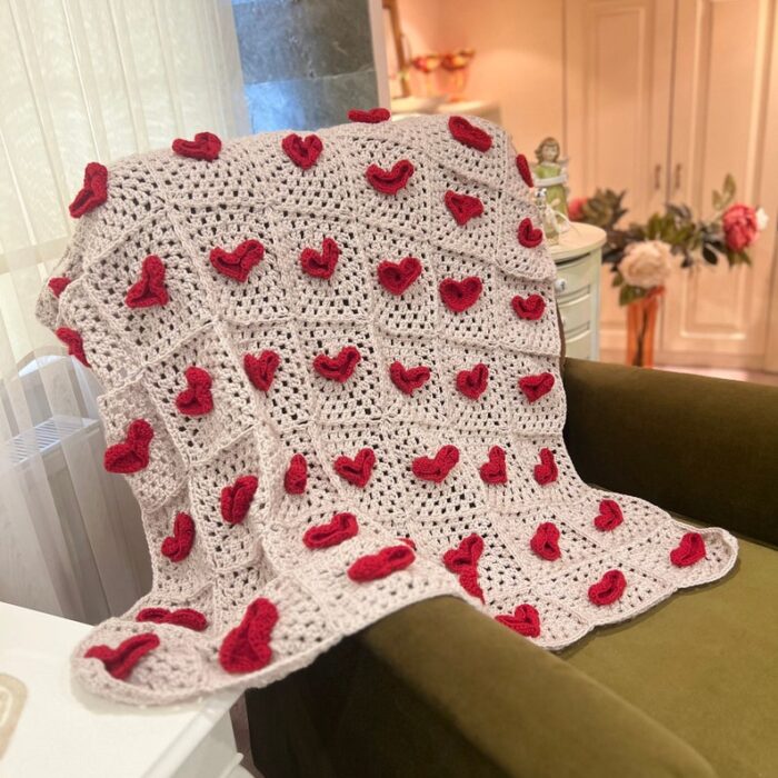 Cozy Gift For Couples Crochet Heart Throw Granny Retro Blanket 3D Bedspread Statement Love Throw