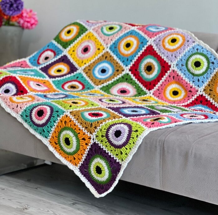 Crochet Afghan Throw Statement Hausewarming Gift Evil Eye Blanket Couch Throw Tv Blanket Cotton Colorful Bedspread