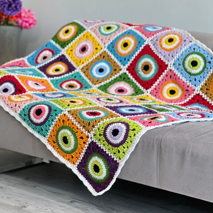 Crochet Afghan Throw Statement Hausewarming Gift Evil Eye Blanket Couch Throw Tv Blanket Cotton Colorful Bedspread