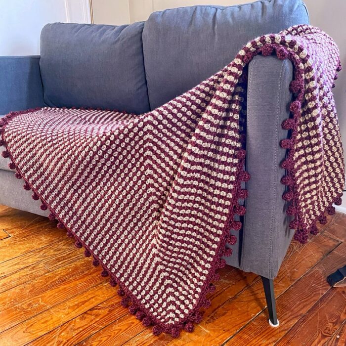 Crochet Blanket Pattern - Continuous Striped Granny Square Blanket With Pom-Pom Border Beginner Easy