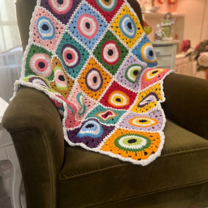 Crochet Nazar Blanket Evil Eye Throw Retro Charm Throw Colorful Granny Afghan Bedspread Statement Home Decor