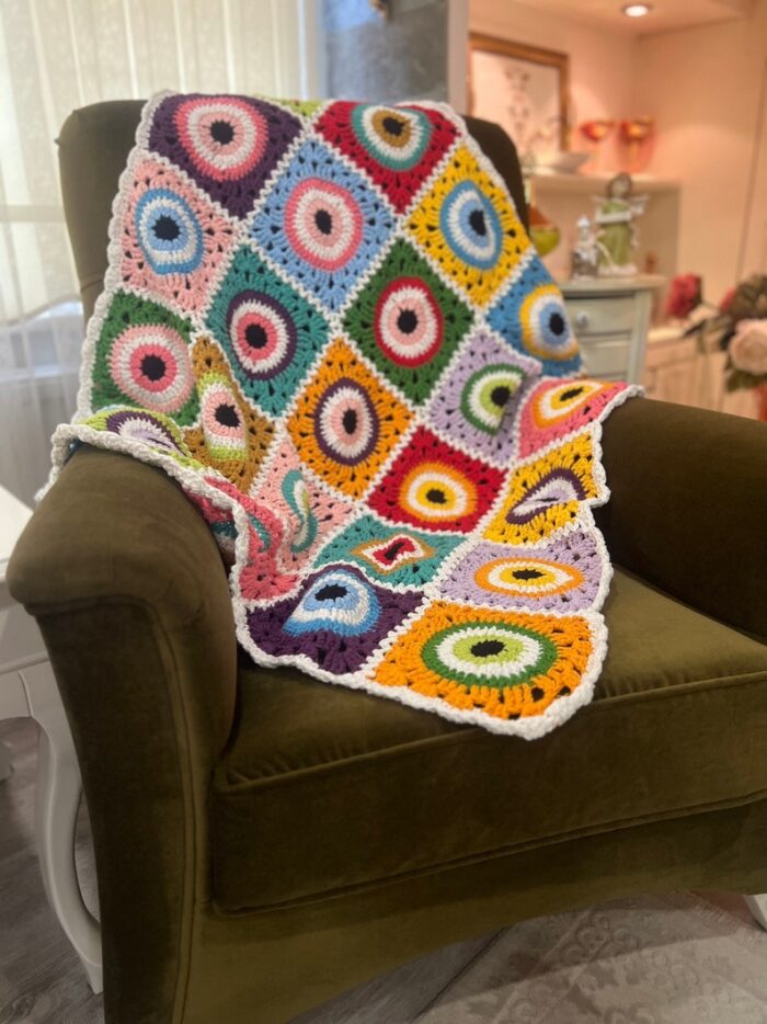 Crochet Nazar Blanket Evil Eye Throw Retro Charm Throw Colorful Granny Afghan Bedspread Statement Home Decor