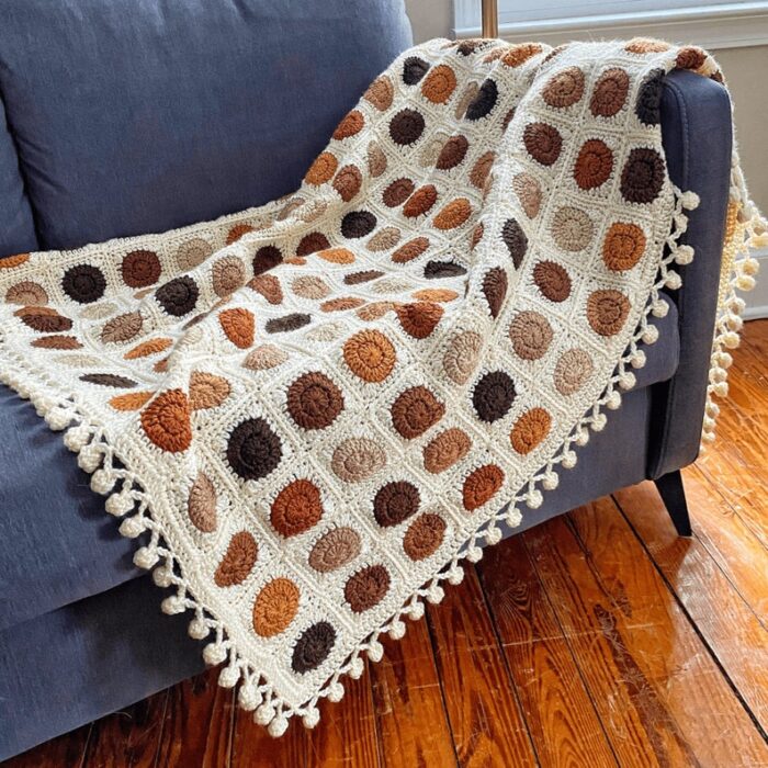 Crochet Pattern - Polka Dottie Blanket Join As You Go Small Circle Granny Square Crochet Blanket With Pom-Pom Border