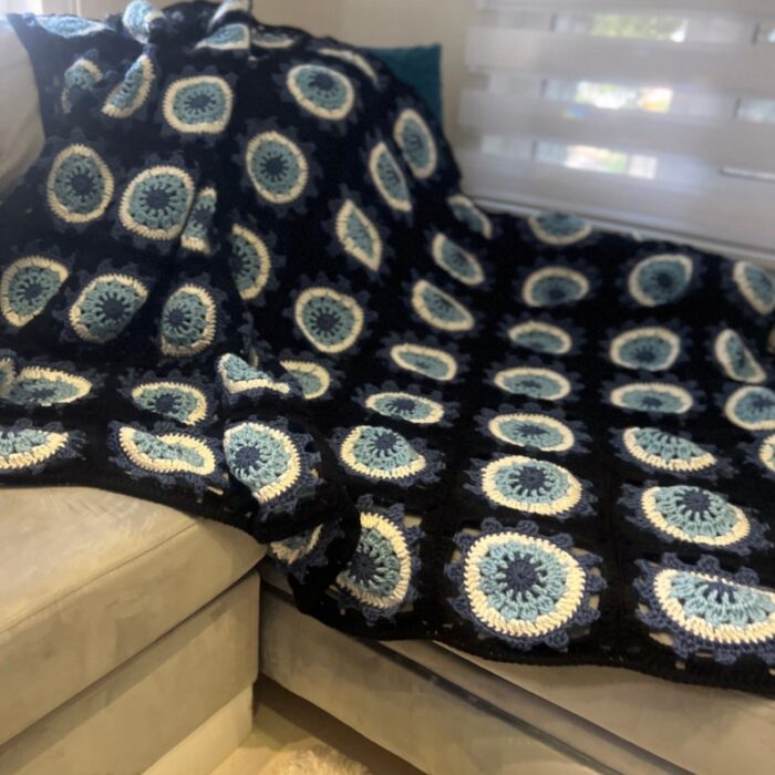 Custom Order Crochet Afghan Blanket Evil Eye Bedspread Retro Charm Throw Iconic Granny Square Blanket Statement Home Decor