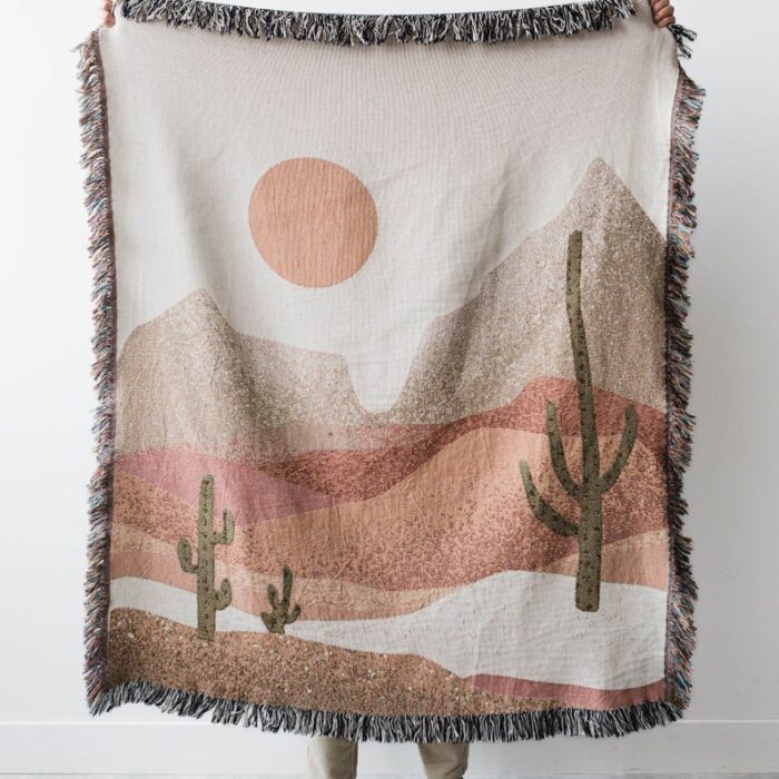 Desert Cactus Throw Blanket: Earth Tones Woven Cotton Throw