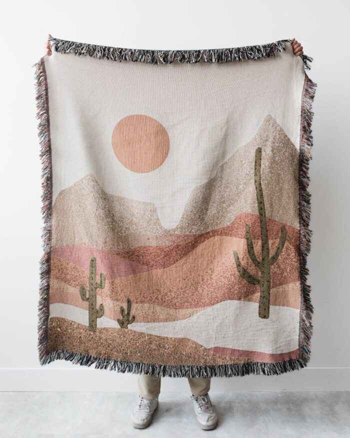 Desert Cactus Throw Blanket: Earth Tones Woven Cotton Throw