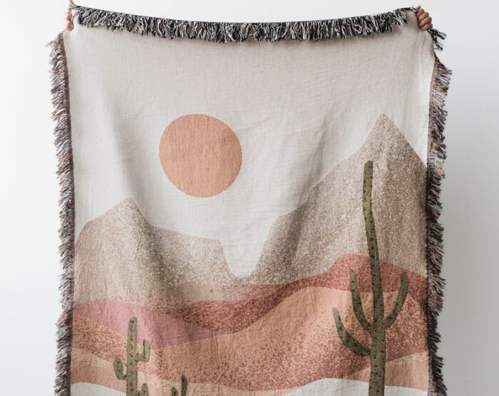 Desert Cactus Throw Blanket: Earth Tones Woven Cotton Throw