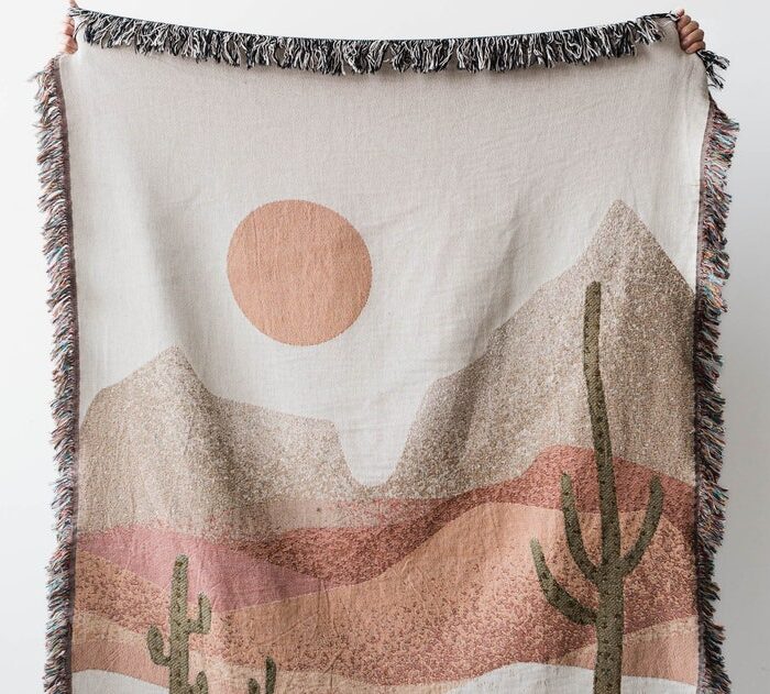 Desert Cactus Throw Blanket: Earth Tones Woven Cotton Throw