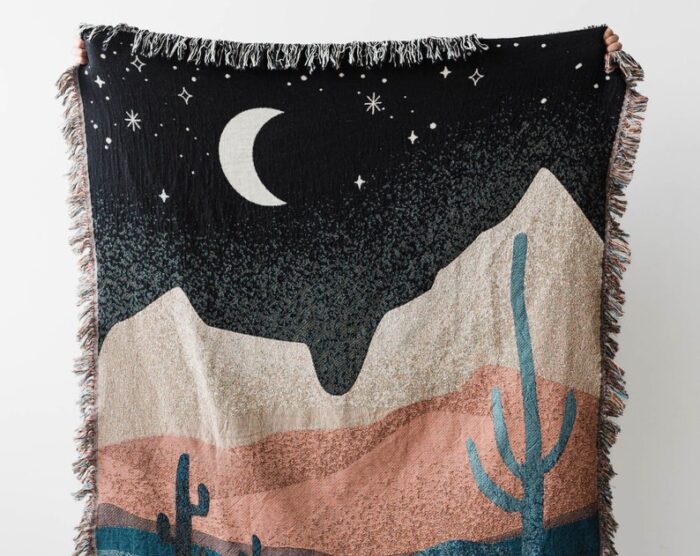 Desert Night Cactus Throw Blanket: Earth Tones Woven Cotton Throw