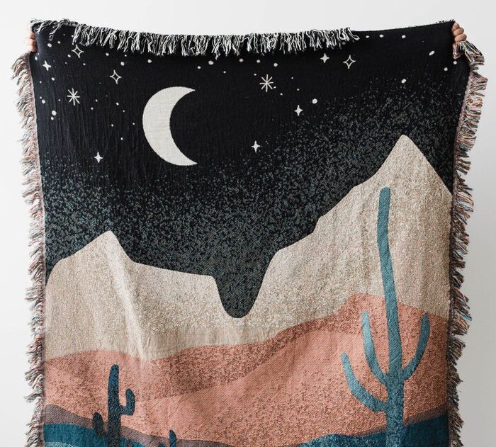 Desert Night Cactus Throw Blanket: Earth Tones Woven Cotton Throw