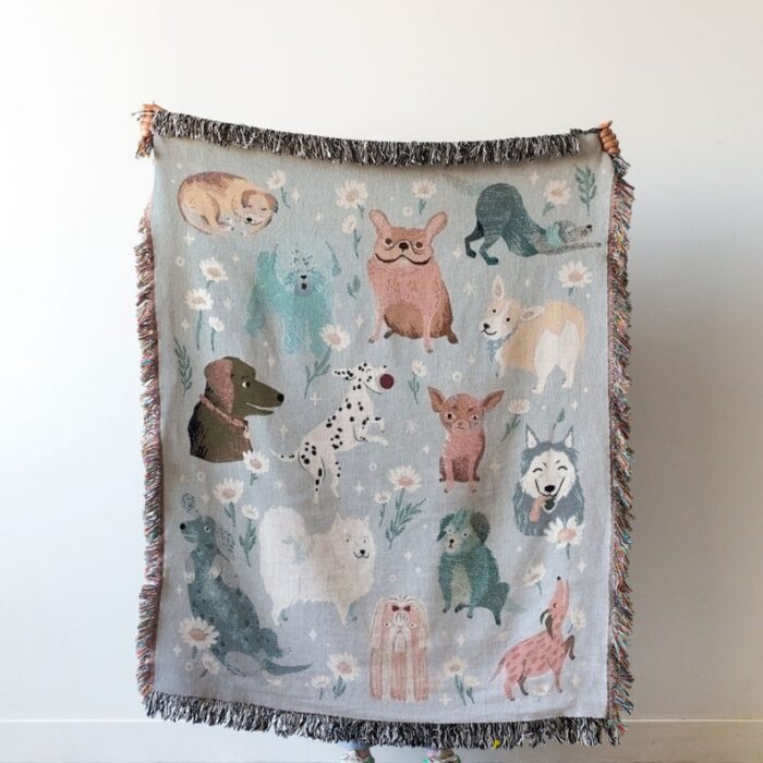 Dog Throw Blanket GREY : Woven Cotton Throw for Sofa