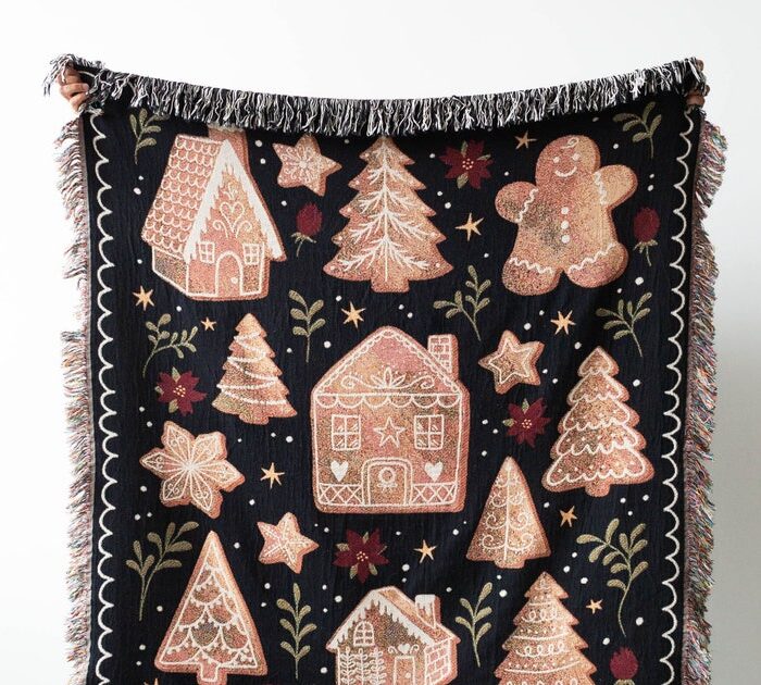 Gingerbread Christmas Blanket: Personalized Woven Cotton Throw