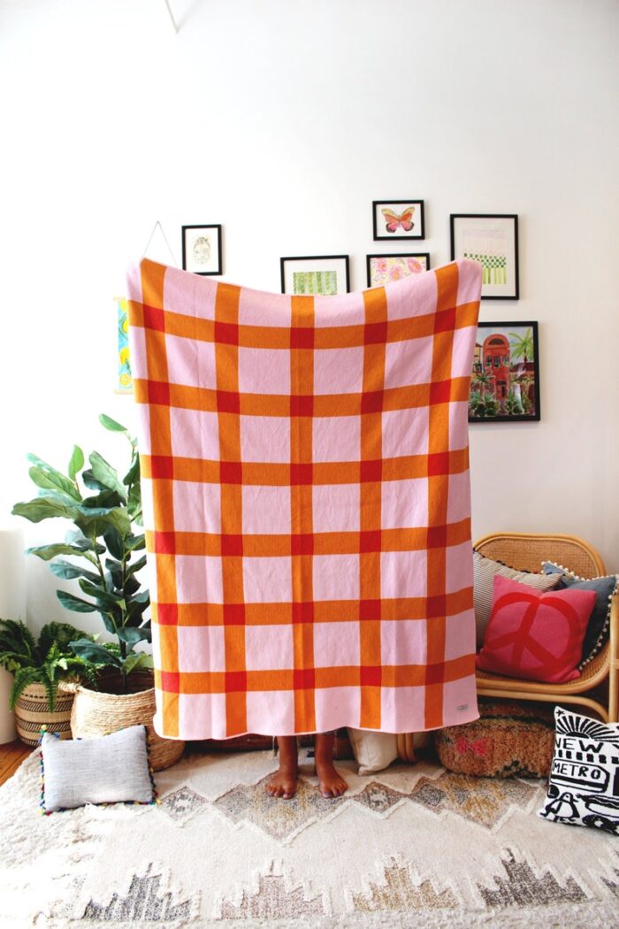 Gingham Knit Blanket - Strawberry Shortcake - Pink - Orange - Red - Checkered Throw Blanket Decor - Picnic Blanket