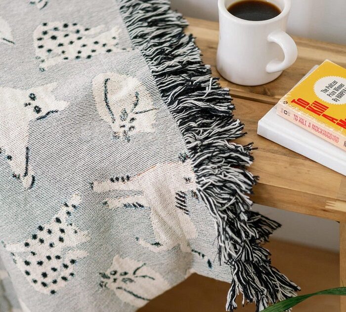 Grey Cats Blanket: Woven Cotton Throw