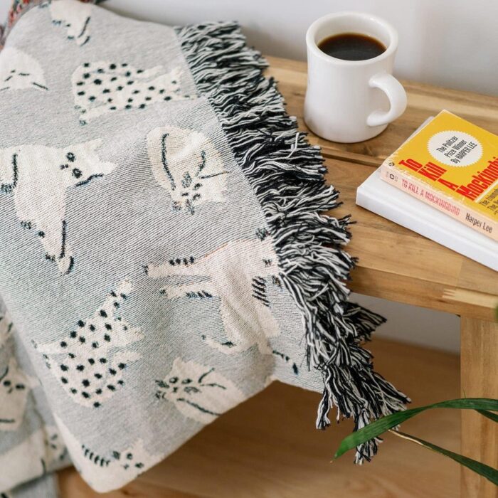 Grey Cats Blanket: Woven Cotton Throw