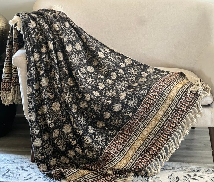 Handmade Boho Black Floral Throw Blanket for Couch