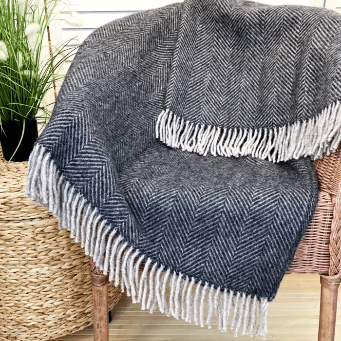 Herringbone Dark Grey Wool Blanket Throw