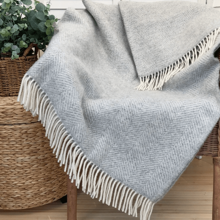 Herringbone Silver Grey Wool Blanket Throw