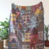 Hillside Village Tapestry Blanket - Houses Throws - Housewarming Gift - Bohemian Colorful Home Decor