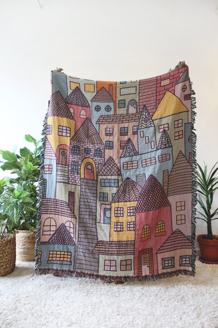 Hillside Village Tapestry Blanket - Houses Throws - Housewarming Gift - Bohemian Colorful Home Decor