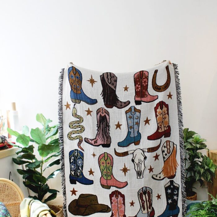 Howdy Cowgirl! Boots Tapestry Blanket - Cotton Throws - Housewarming Gift - Bohemian Colorful Home Decor