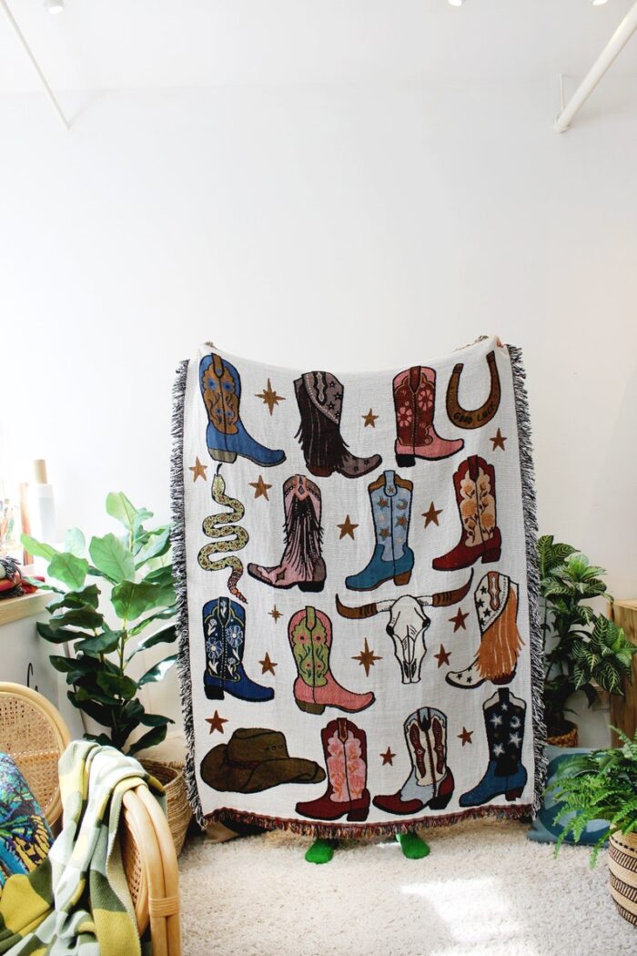 Howdy Cowgirl! Boots Tapestry Blanket - Cotton Throws - Housewarming Gift - Bohemian Colorful Home Decor