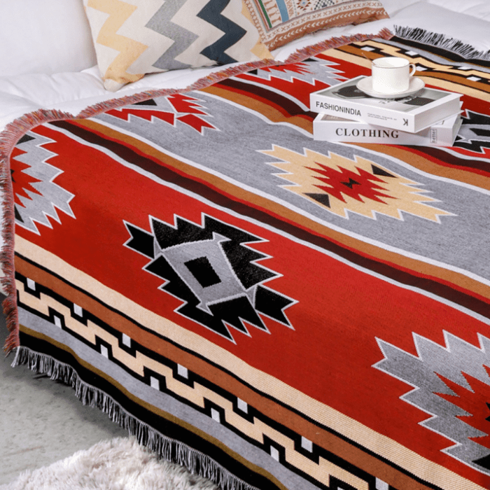 Large Boho Cotton Aztec Throw Blanket Fringed