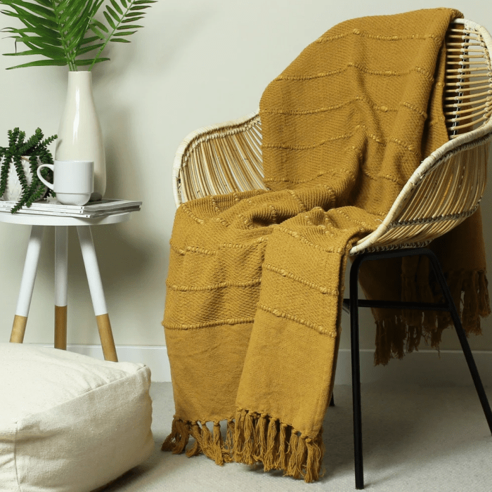 Large Boho Tufted Mustard Throw Blanket