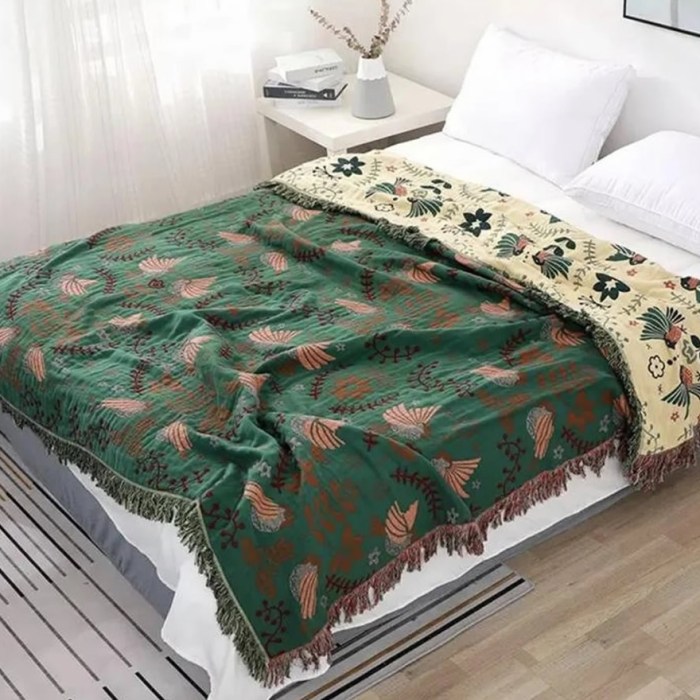 Large Reversible Scandi Nordic Green Cotton Bedspread Throw Bed Blanket