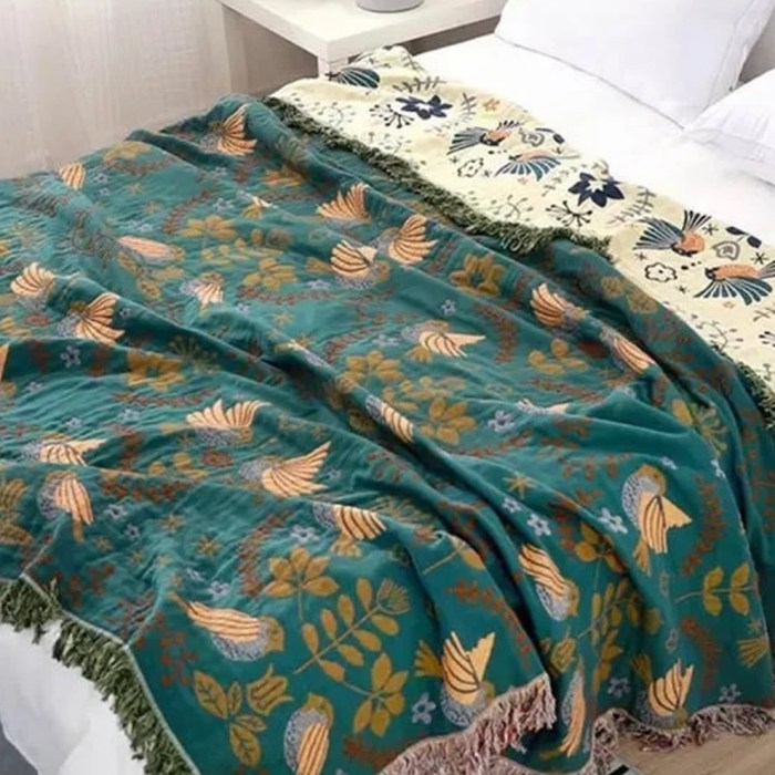 Large Reversible Scandi Nordic Teal Cotton Bedspread Bed Throw Blanket